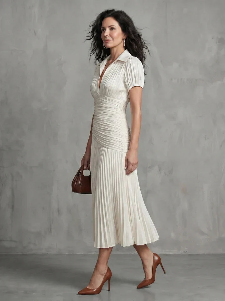 Theodora | Pleated Waistline Stripe Midi Dress