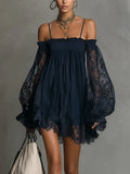 Noemi | Mini dress in navy blue chiffon with off-the-shoulder neckline, lace trim, and sheer sleeves