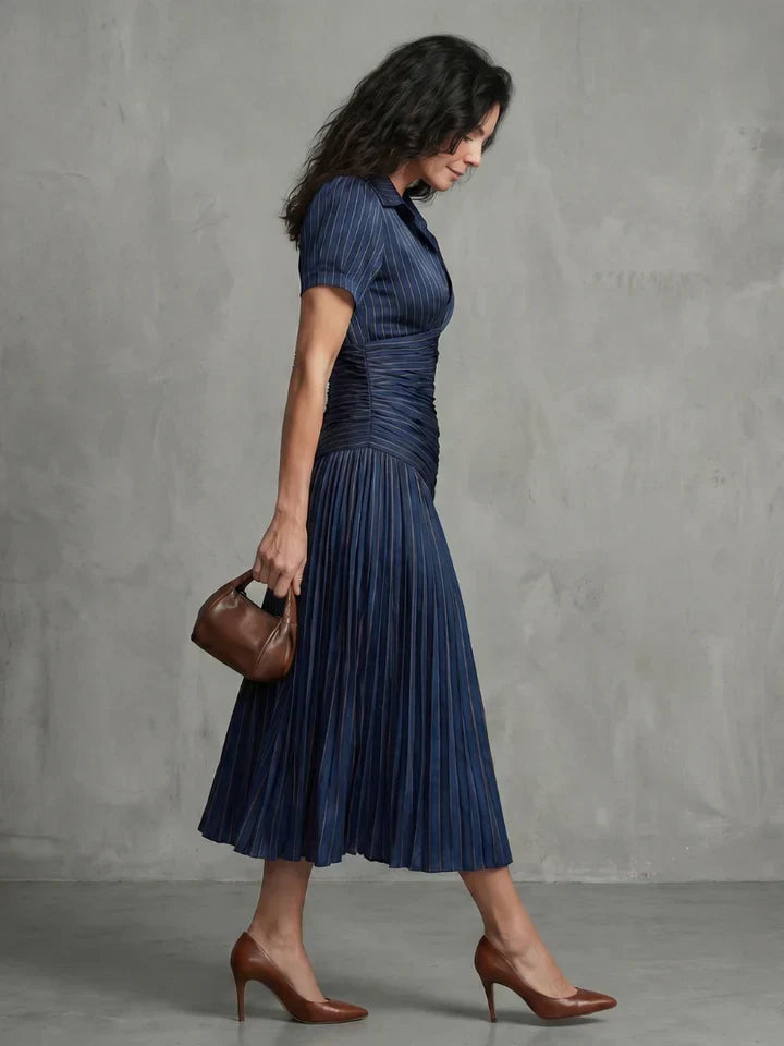 Theodora | Pleated Waistline Stripe Midi Dress
