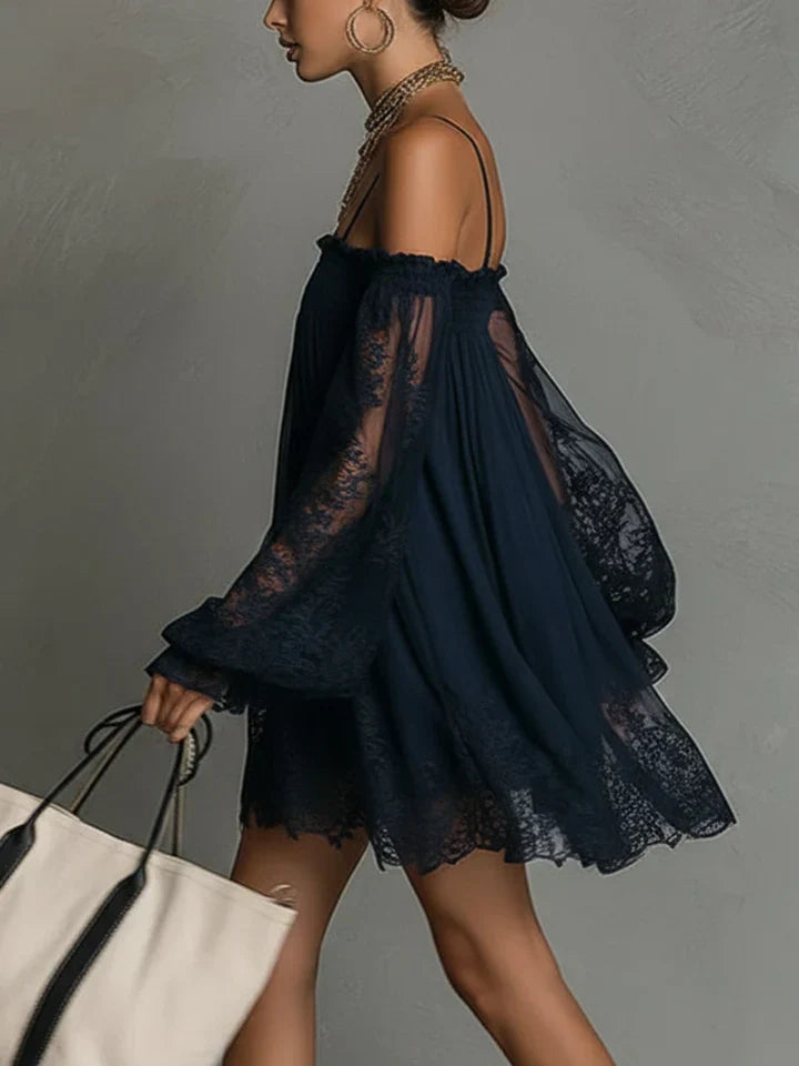 Noemi | Mini dress in navy blue chiffon with off-the-shoulder neckline, lace trim, and sheer sleeves